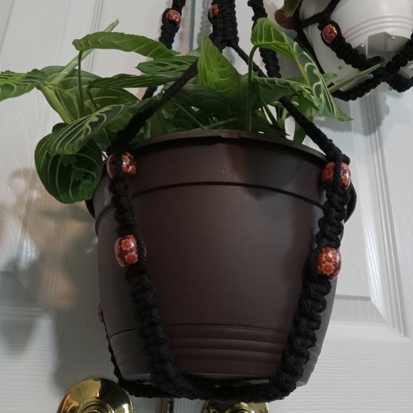 Plant Hanger Macrame Black Floral Beads Set Of 2 With Rings Handmade Small Med - Picture 2 of 15